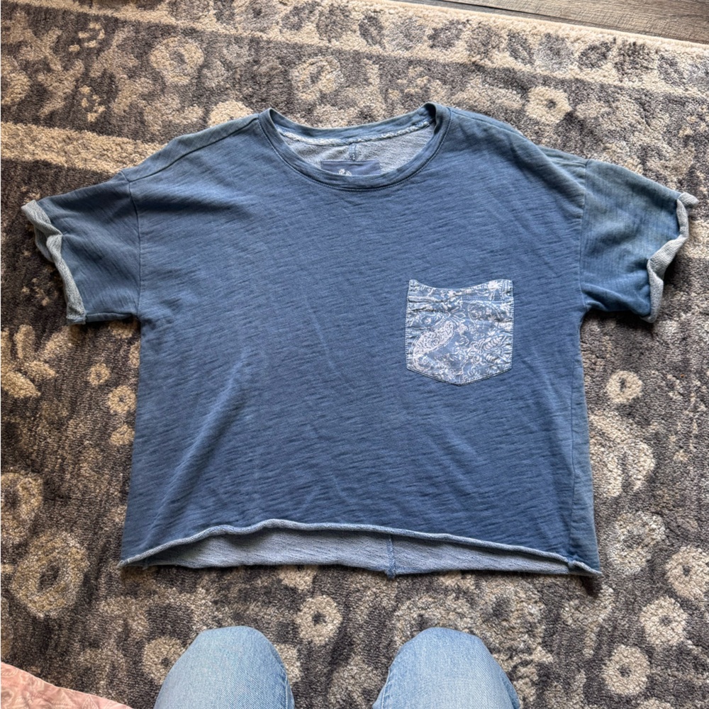 Pilcro Blue Short Sleeve Tee with Paisley Patterned Pocket